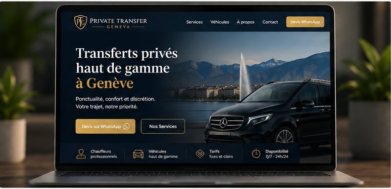 Site Private Transfer Geneva affiché sur un ordinateur portable — transferts privés avec van Mercedes